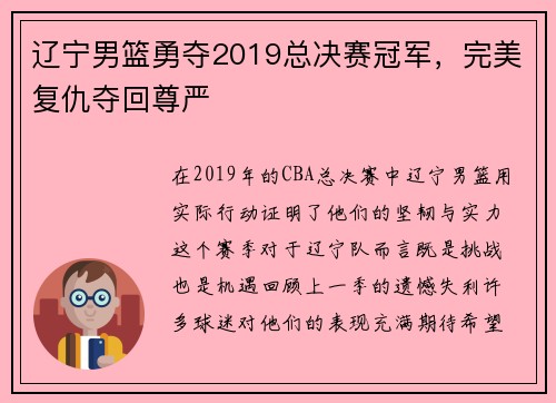 辽宁男篮勇夺2019总决赛冠军，完美复仇夺回尊严